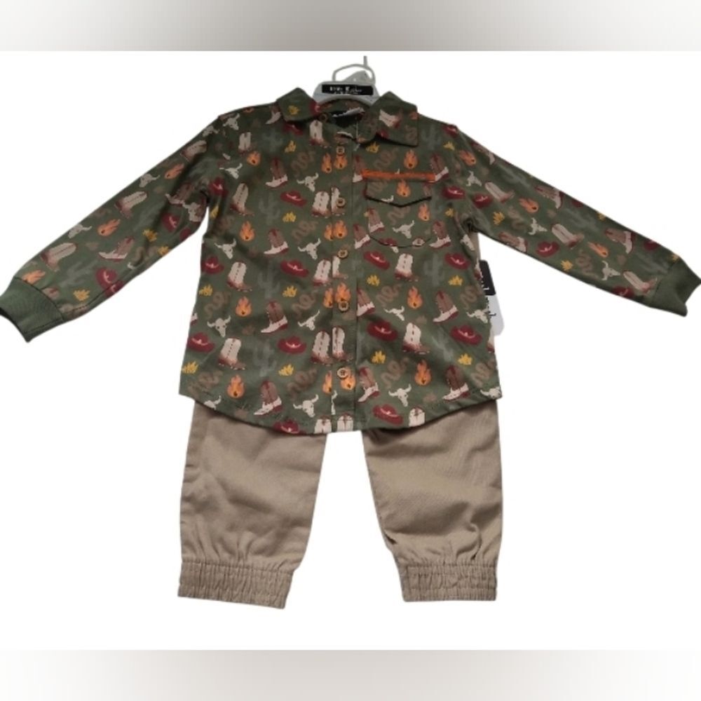 Mick Mach Boy's Western Long Sleeve Shirt & Khaki Jogger Set New 3T